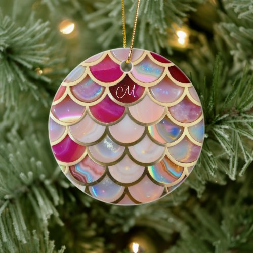 Pink Opal Iridescent Mermaid Scales Ceramic Ornament