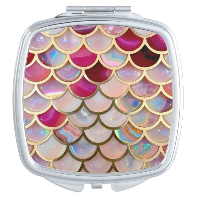 Pink Opal Iridescent Mermaid Scales Compact Mirror (Front)