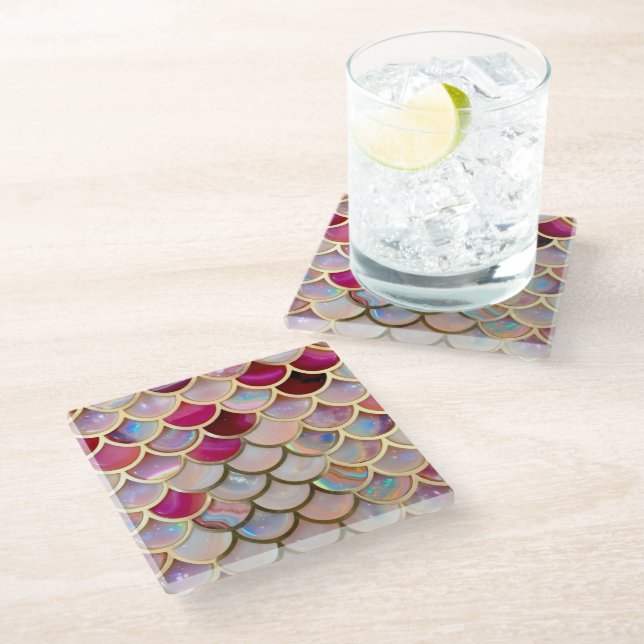 Pink Opal Iridescent Mermaid Scales Glass Coaster (Angled)