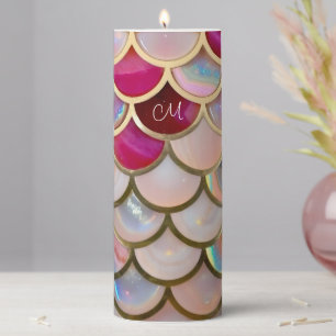 Pink Opal Iridescent Mermaid Scales Pillar Candle