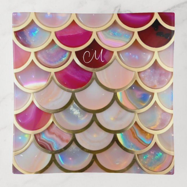 Pink Opal Iridescent Mermaid Scales Trinket Tray (Front)