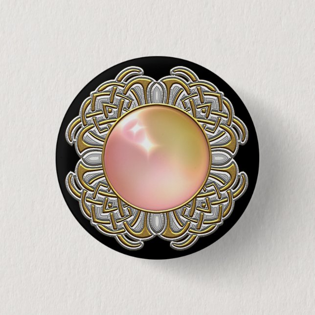 Pink Opal Pearl Jewel Gold Bezel on black Button (Front)