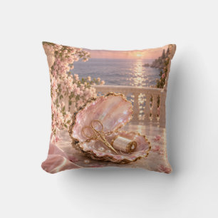 Pink Opal Seashell Golden Key Romantic Sunset Throw Pillow