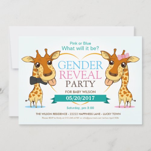 Pink or Blue Baby Giraffe Gender Reveal Party RSVP Invitation