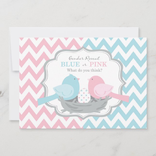 Pink or Blue Birds & Chevron Gender Reveal Invitation (Front)