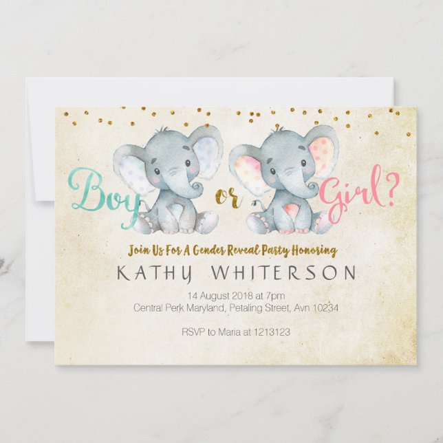 Pink or Blue Elephant gender reveal Invitation (Front)