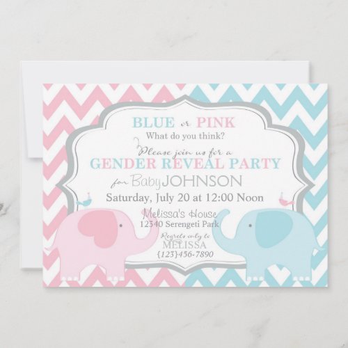 Pink or Blue Elephants &amp; Chevron Gender Reveal Custom Invitation