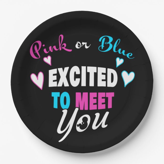 Pink or Blue Excited to Meet Baby Gender Reveal  Paper Plates (Front)