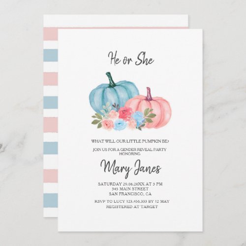 Pink or Blue Floral Pumpkin Gender Reveal Invitation