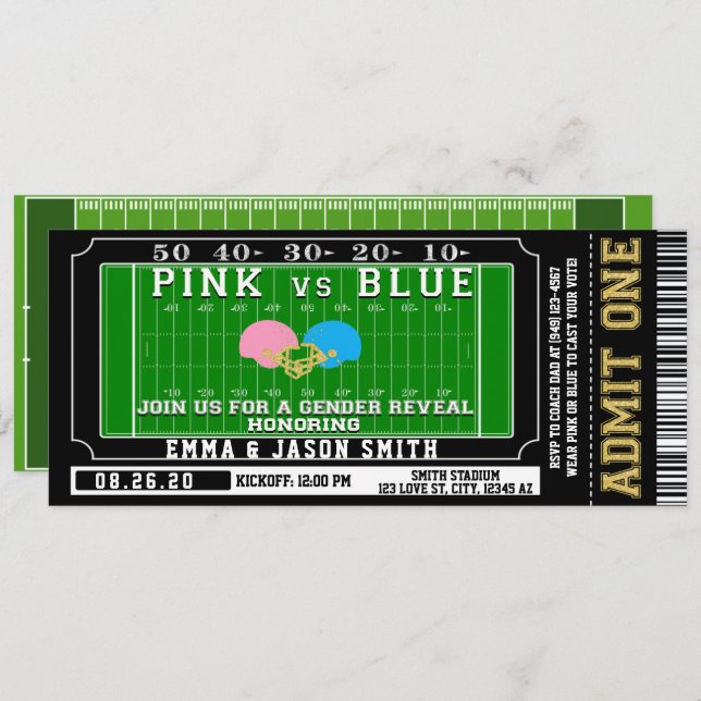 Pink or Blue Football Ticket Baby Gender Reveal Invitation (Front/Back)