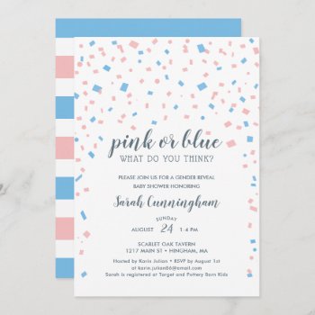 Pink Or Blue Gender Reveal Confetti Baby Shower Invitation by labellarue at Zazzle