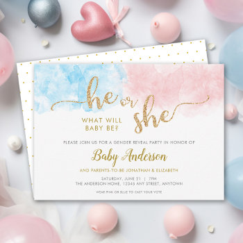 Pink Or Blue Gold Glitter Gender Reveal Invitation by daisylin712 at Zazzle