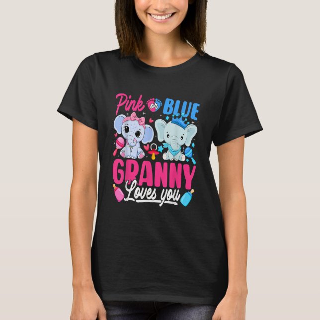 Pink Or Blue Granny Loves You Gender Reveal Elepha T-Shirt (Front)
