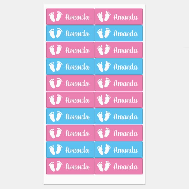 Pink or blue kid's labels with baby footprints (Sheet)