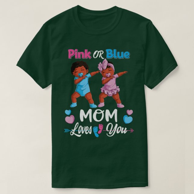 Pink Or Blue Mom Loves You Black Baby Gender Revea T-Shirt (Design Front)