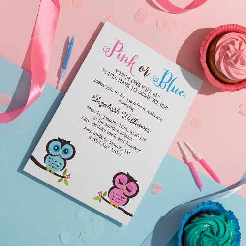 Pink or Blue? Owls Gender Reveal Party Personalized Invite