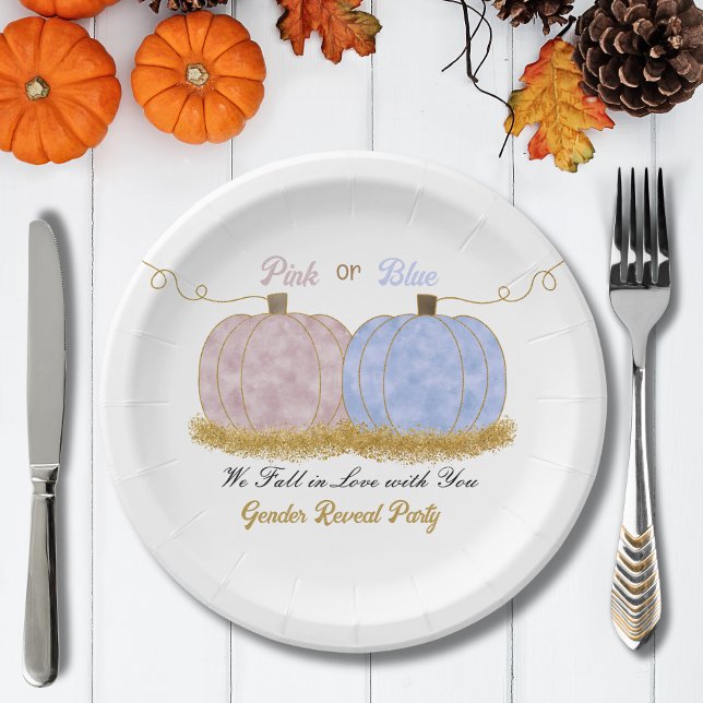 Pink or Blue Pumpki Gender Reveal Party Invitation Paper Plates (Creator Uploaded)