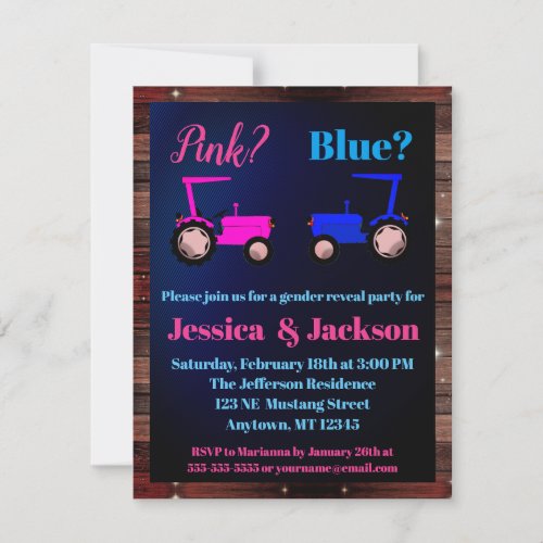 Pink or Blue Tractors Farm Style Gender Reveal Invitation