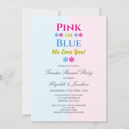Pink Or Blue We Love You Snowflake Gender Reveal Invitation