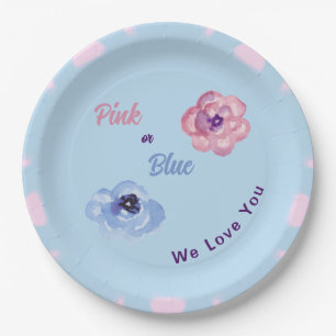 Pink or Blue We Love You Watercolor Flowers Paper Plates