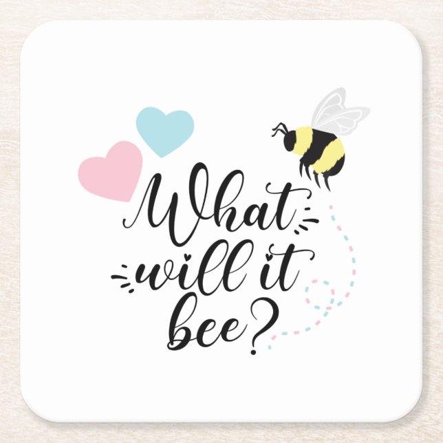 Pink or Blue What Will It Bee Gender Reveal Square Paper Coaster (Front)