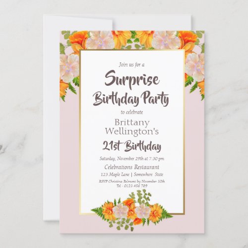 Pink Orang Floral Surprise 21st Birthday Party Invitation