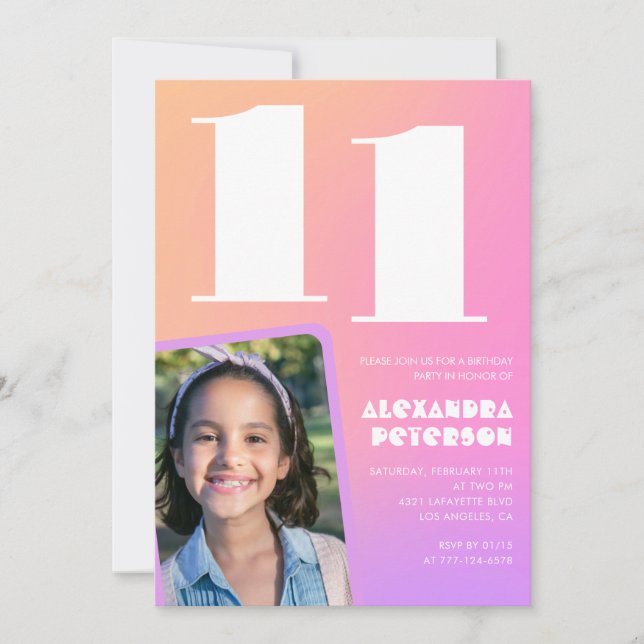 Pink Orange 11th birthday invitations Retro (Front)