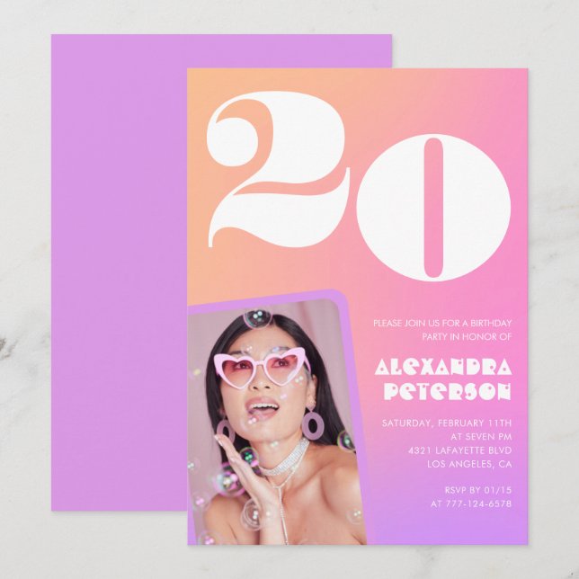 Pink Orange 20th birthday invitation Retro  (Front/Back)