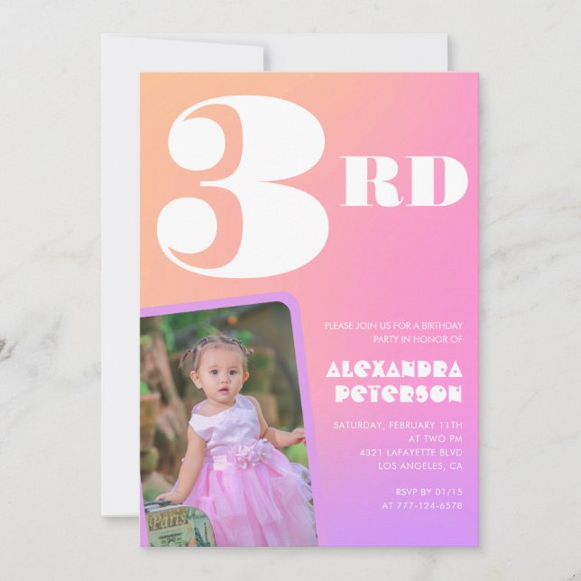 Pink Orange 3rd birthday invitations Girl Photo (Front)