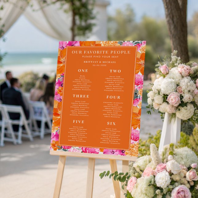 Pink & Orange 6 Tables Wedding Seating Chart Sign (Creator Uploaded)