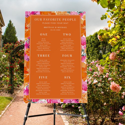 Pink  Orange 6 Tables Wedding Seating Chart Sign