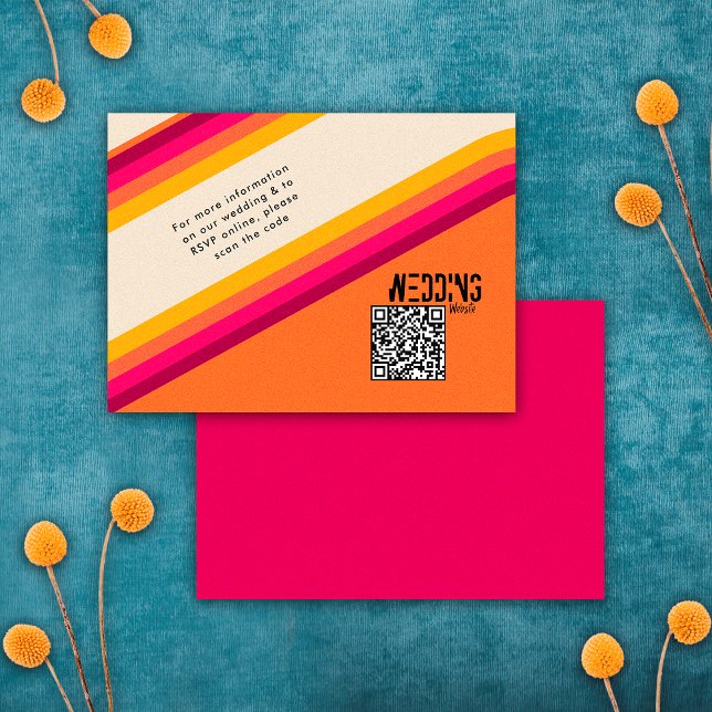 Pink Orange 70s 80s Wedding Website RSVP QR Code Enclosure Card (Front / Back)