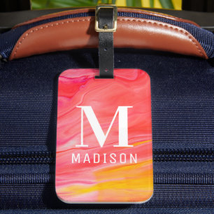 Pink Orange Abstract Monogram Personalized Name Luggage Tag
