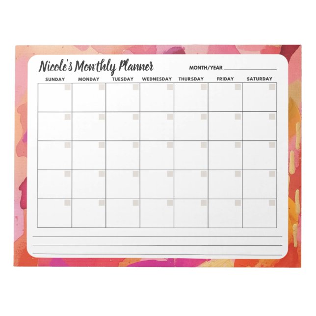 Pink Orange Abstract Monthly Calendar Notepad  (Front)