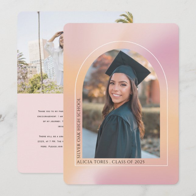 Pink Orange Aesthetic gradient, photos graduation Announcement (Front/Back)
