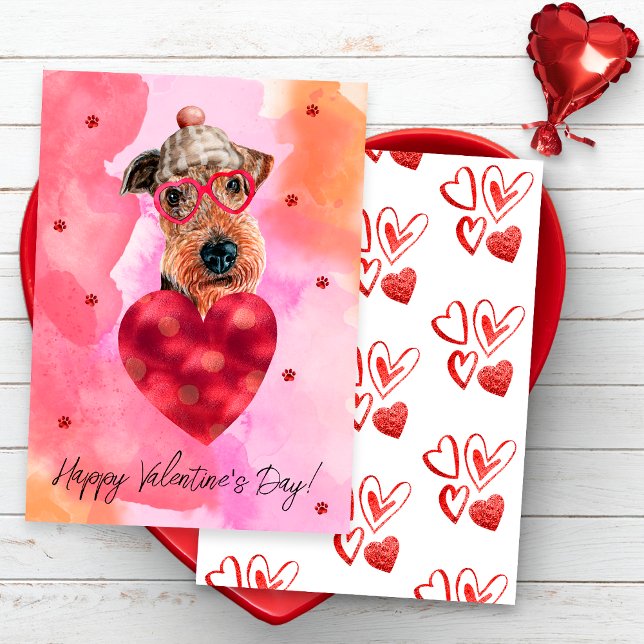 Pink Orange Airedale Valentine's Day Gift Dog Holiday Card (Creator Uploaded)