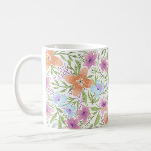Pink Orange and Blue Floral Design on White Coffee Mug
