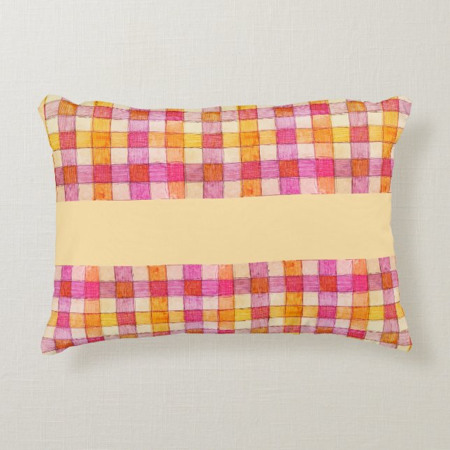 Pink orange and cream gingham accent pillow (Front)