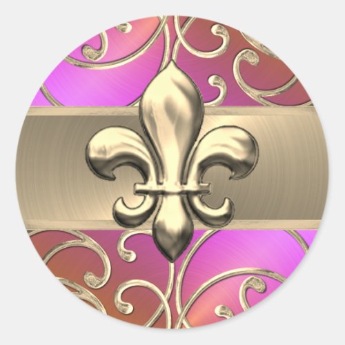 Pink Orange and Gold Filigree Swirls Fleur de Lis Classic Round Sticker