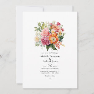 Pink, Orange and Green Floral Wedding Invitation