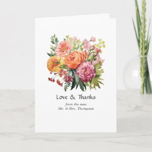 Pink, Orange and Green Floral Wedding Letterpress Thank You Card