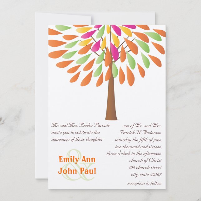 Pink Orange and Green Modern Flower Wedding Invitation (Front)