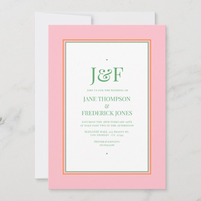 Pink, Orange and Green Wedding Invitation (Front)