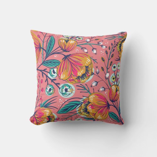 Pink Orange and Turquoise Floral Pattern Throw Pillow