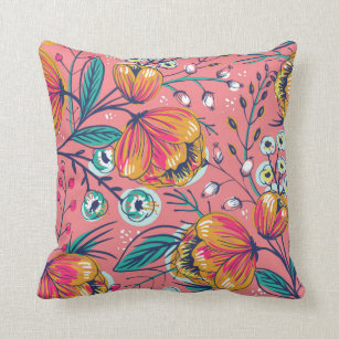 Pink Orange and Turquoise Floral Pattern Throw Pillow