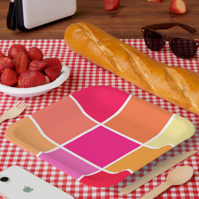 Pink, Orange and Yellow Squares Paper Plates (Picnic)