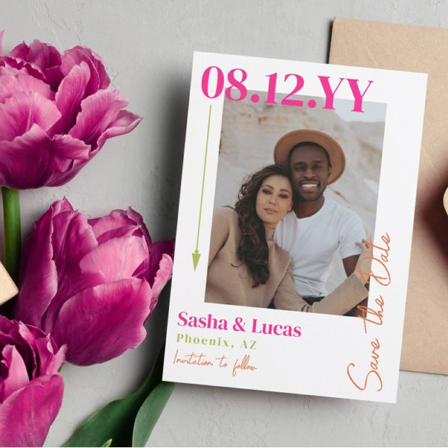 Pink & Orange Arrow Typography Photo Save The Date (Creator Uploaded)