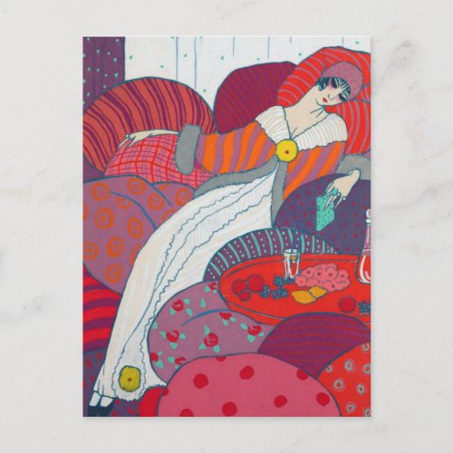 Pink  Orange Art Deco Illustration George Barbier Postcard