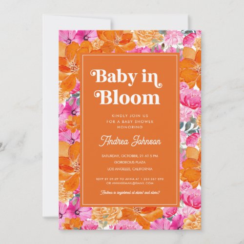 Pink Orange Baby in Bloom Floral Retro Baby Shower Invitation