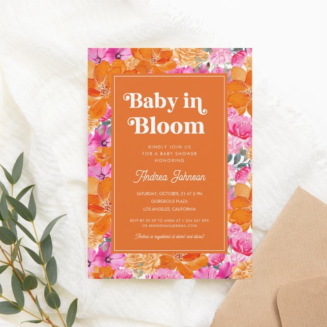 Pink Orange Baby in Bloom Floral Retro Baby Shower Invitation (Creator Uploaded)